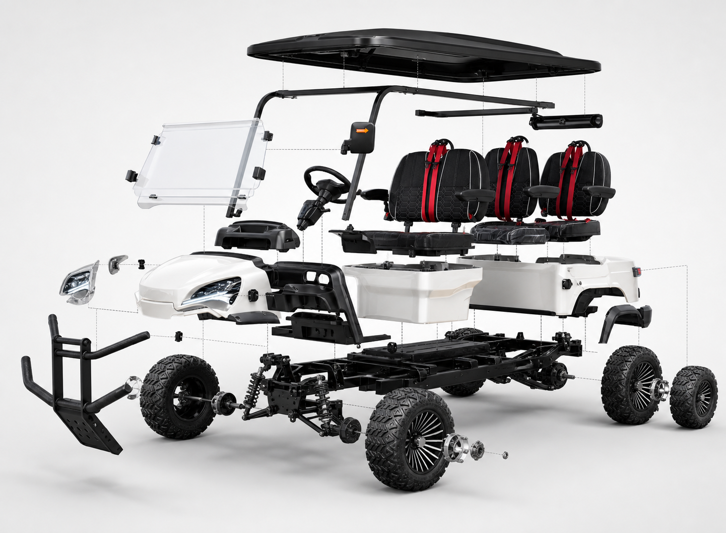 Exploded product view of the GL 4 Seat electric cart
